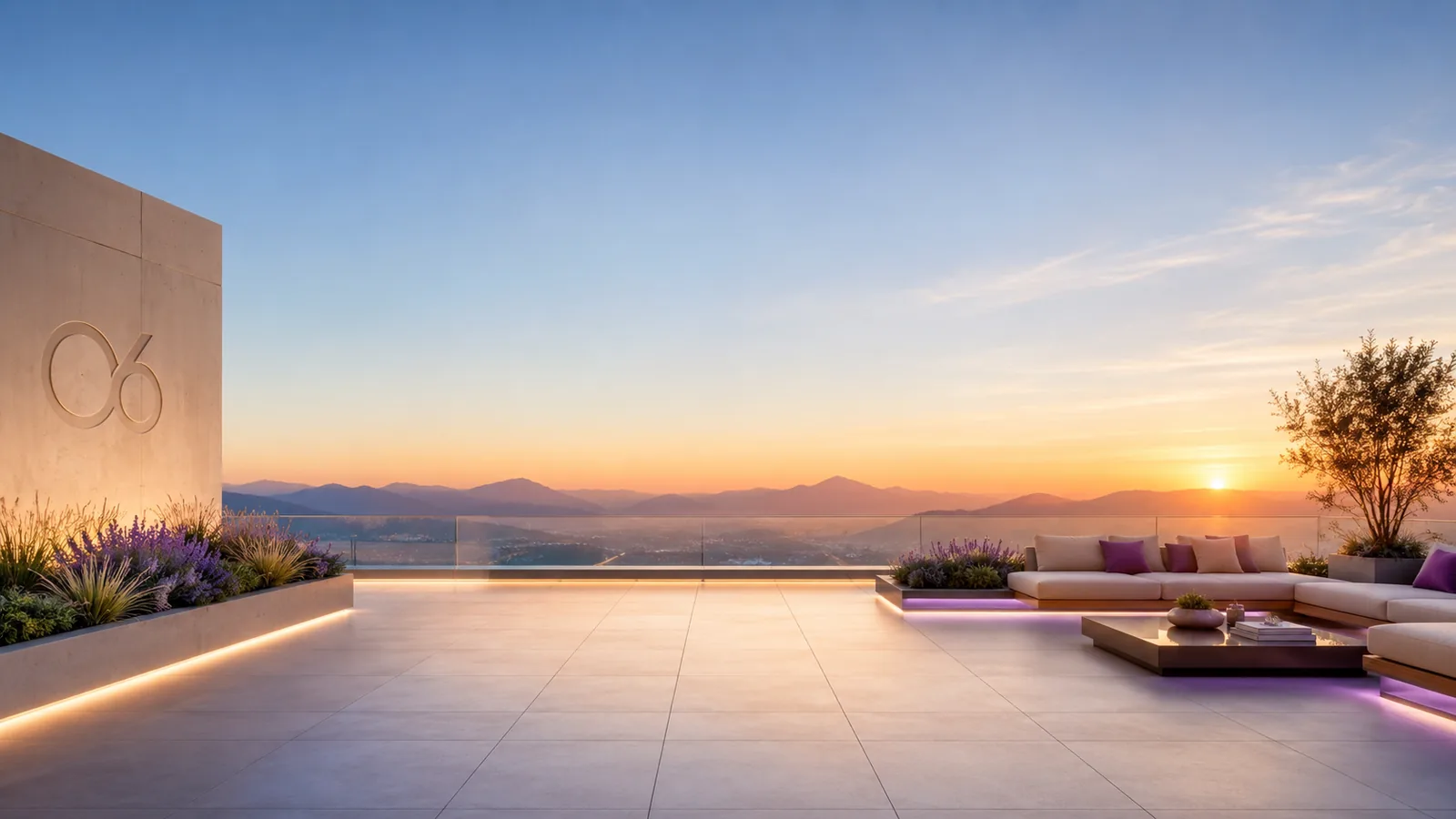 A terrace at golden hour, the O6 mark embossed into the concrete wall.
